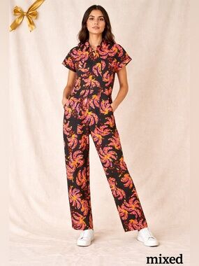 Mixed Banana Print Jumpsuit XS Button Front Short Sleeve Wide Leg